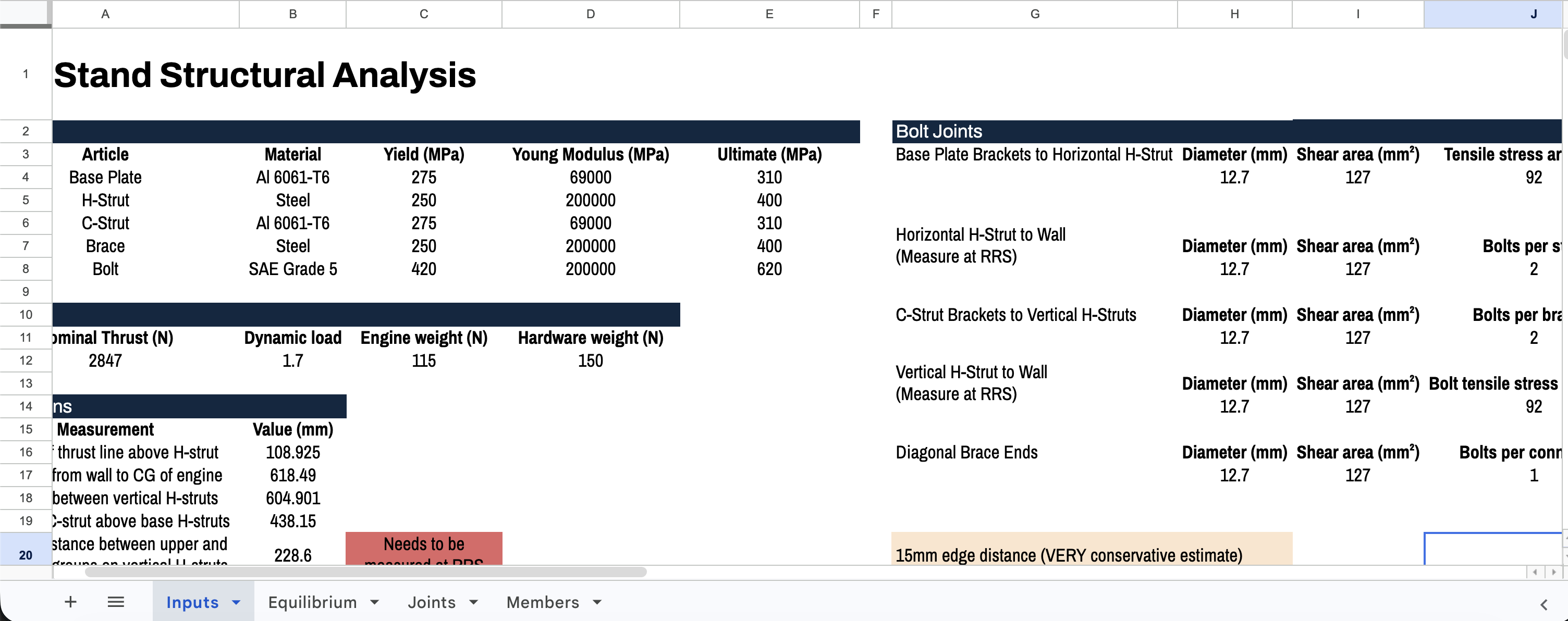 Microsoft Excel spreadsheet used for structural load calculations